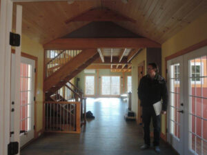 interior barn office, stair, timber beams, natural light