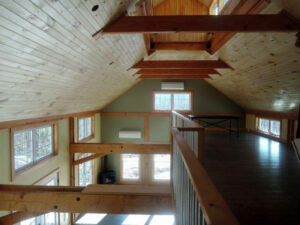 interior barn office, cupola, timber beams, natural light