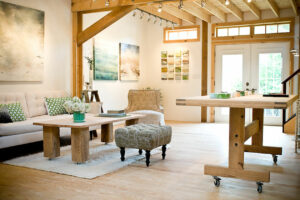 GeoBarns, Massachusetts Painting Studio, interior daylight, timber frame, white walls, art, seating area
