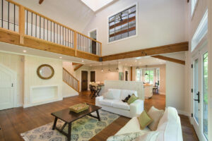 GeoBarns, mountaintop New Hampshire home, interior modern rustic, daylight, living, kitchen, mezzanine, stair