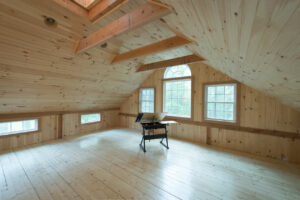 GeoBarns, Massachusetts Woodworking Barn, interior loft, daylight, windows, view
