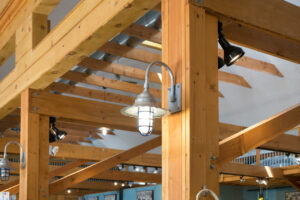 GeoBarns, Waterfresh Farm Market, interior detail, lighting, timber frame, modern rustic