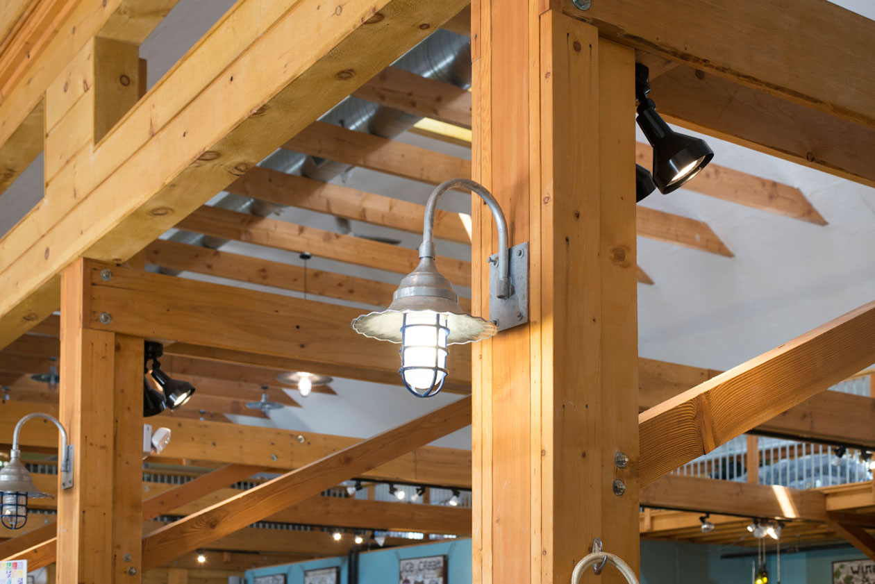 GeoBarns, Waterfresh Farm Market, interior detail, lighting, timber frame, modern rustic