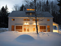 guesthouse, vermont, whitewash, barn doors, sliding, lighting, snow