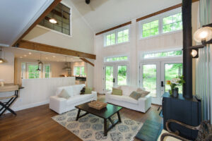 GeoBarns, mountaintop New Hampshire home, living room, timber frame, modern