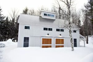 guesthouse, vermont, whitewash, barn doors, sliding, snow, cupola
