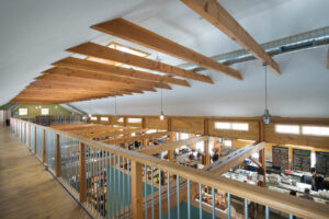 GeoBarns, Waterfresh Farm Market, interior timber frame, mezzanine, shopping area below