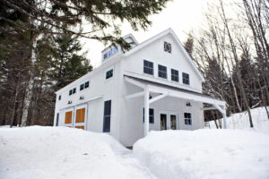guesthouse, ski house, vermont, whitewash, porch, barn doors, sliding, snow, cupola
