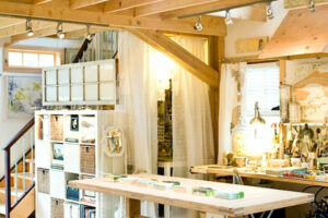 GeoBarns, Massachusetts Painting Studio, interior timber frame, workspace lighting, stair