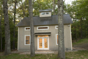 GeoBarns, Massachusetts Woodworking Barn, exterior french door, cupola, landscape