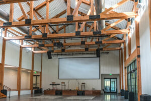 Geobarns, Richmond VA Hope Church, interior timber trusses, performance space, clear span, modern barn