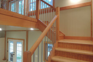 maine, barn, interior, mezzanine, stair, french doors