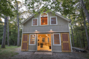 GeoBarns, Massachusetts Woodworking Barn, exterior, sliding barn doors, workshop with loft above