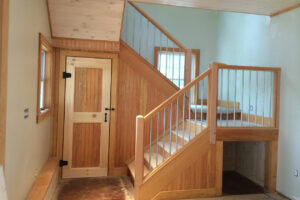 Geobarns, Maine Coast Barn, interior stairs, railing, daylight