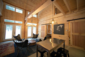 guesthouse, ski house, vermont, interior, sliding barn doors, mezzanine, rustic modern