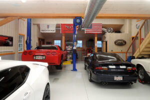 GeoBarns, Hudson Valley Auto Barn interior shop, corvettes, lift, stairs