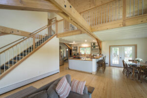 Geobarns, Organic Farmhouse, interior timber frame, stair, kitchen, mezzanine