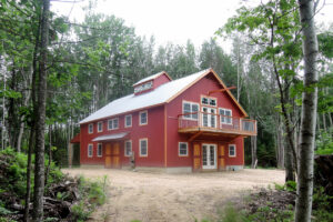 maine, arundel, red barn, exterior, barn doors, french doors, porch, deck