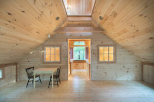 GeoBarns, Massachusetts Woodworking Barn, interior loft, design studio, cupola daylight, view to outside
