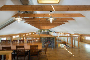 GeoBarns, Waterfresh Farm Market, interior mezzanine, timberframe, lighting, meeting and event area