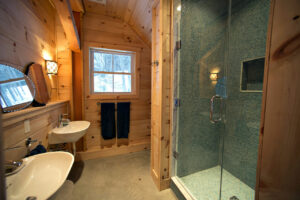 guesthouse, ski house, vermont, interior, bath, glass, tile, shower