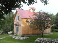 GeoBarns, Massachusetts Painting Studio, exterior landscape, stone wall, cupola, natural siding