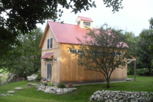 GeoBarns, Massachusetts Painting Studio, exterior landscape, stone wall, cupola, natural siding