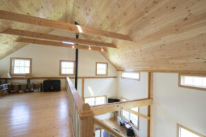 Geobarns, Organic Farmhouse, interior, mezzanine, timber, railing