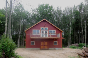 maine, arundel, red barn, exterior, barn doors, french doors, porch, deck