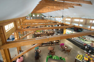 GeoBarns, Waterfresh Farm Market, interior ceiling, timber beams, mezzanine office and storage