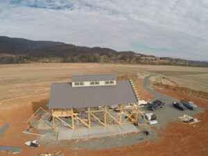 Geobarns, Holy Cross Anglican Church in Virginia, construction aerial, timber frame