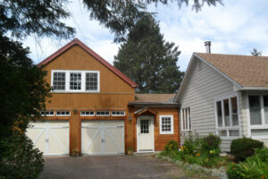 barn apartment, garage doors, home addition, entry, door, windows view, landscape