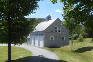 garage, gray siding, entry, landscape, weathered, apartment, barn, 3-bay garage, garage doors