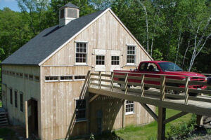 exterior, timber barn furniture shop, bridge, cupola, landscape