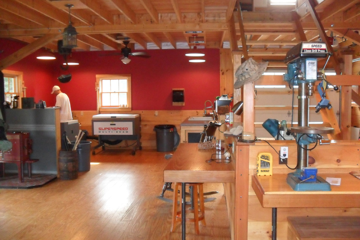 An interior picture of a studio workshop weher custom baseball bats are made for Louisville Slugger.