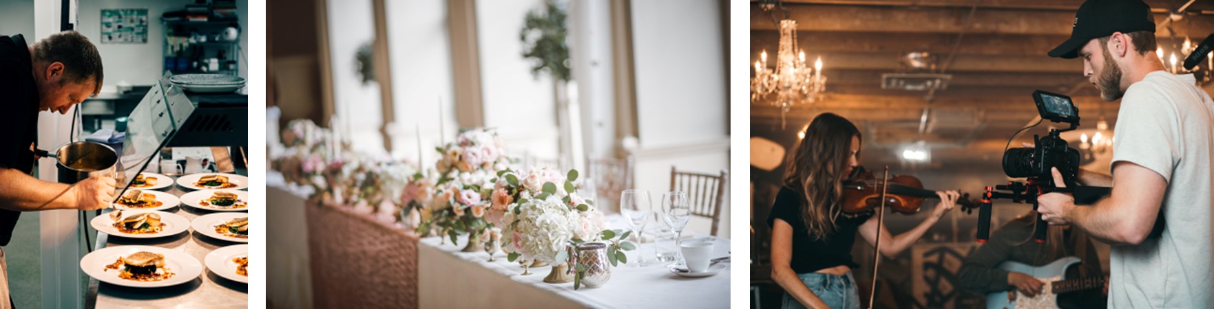 Three pictures in a row of a chef preparing desserts, a banquet table decorated with flowers and a man videotaping a woman playing a violin