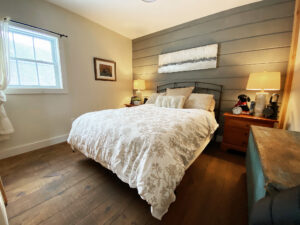 Geobarns, bedroom, New Hampshire farmhouse, cottagecore, shiplap