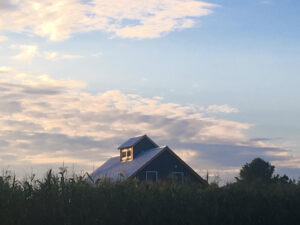 Geobarns, New Hampshire farmhouse exterior, landscape view of farmstead, cupola