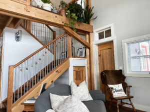 Geobarns, New Hampshire farmhouse, wooden staircase, ski chalet