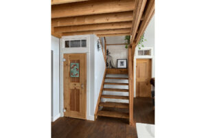 Geobarns, New Hampshire farmhouse, wooden staircase, ski chalet