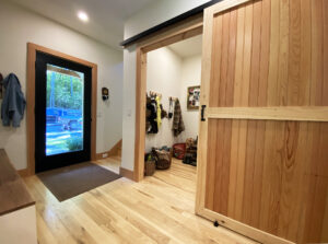 Geobarns, Forest Glade Home, NH, Rolling Barn Door, Glass Door, Wood Floor
