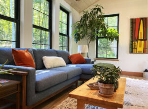 Geobarns, Forest Glade Home, NH, Living Room, Vaulted Ceiling, Wood Floor, Wood Ceiling, Cupola