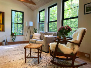 Geobarns, Forest Glade Home, NH, Living Room, Vaulted Ceiling, Wood Floor, Wood Ceiling, Cupola