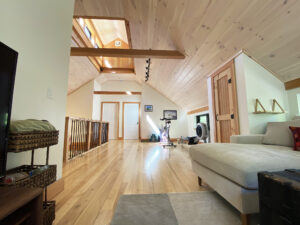 Geobarns, Forest Glade Home, NH, Mezzanine, Vaulted Ceiling, Wood Floor, Wood Ceiling, Cupola