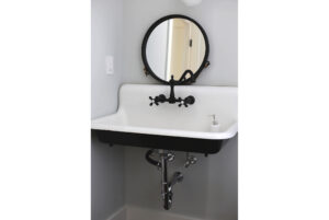 Geobarns; New England Modern Farmhouse; VT; Farmhouse Sink; Industrial Bathroom; Round Bathroom Mirror