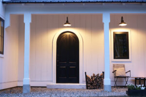 Geobarns; New England Modern Farmhouse; VT; Arched Door; Black Door