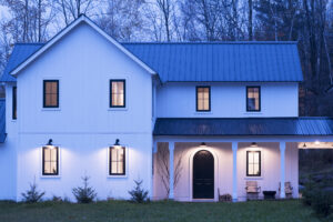 Geobarns; New England Modern Farmhouse; VT; White Siding; Metal Roof