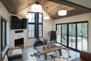Geobarns; New England Modern Farmhouse; VT; Wood Stove; Wood Ceiling; Vaulted Ceiling; Entertainment Room