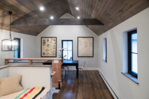 Geobarns; New England Modern Farmhouse; VT; Dark Wood Ceiling; Vaulted Ceiling; Brooklyn Loft