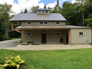 Geobarns, Mountain Carriage House, exterior garage, porch view, cupola, tractor shed